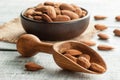 Almonds nuts in dark Brown bowl on rustic vintage wooden table with wooden spoon or scoop. Almond background concept with copy spa