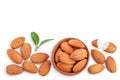 Almonds nuts with leaves isolated on white background with clipping path and full depth of field. Top view with copy Royalty Free Stock Photo