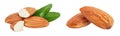 Almonds nuts with leaves isolated on white background with full depth of field. Royalty Free Stock Photo