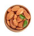 Almonds nuts with leaves in wooden bowl isolated on white background with clipping path and full depth of field. Top Royalty Free Stock Photo