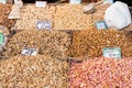 Almonds, peanuts, cashews, walnuts, hazelnuts and other nuts. The market in Greece.