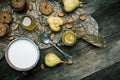 Almonds pears Cookies and cream on rustic wood