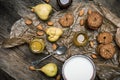 Almonds pears Cookies and joghrut on wood boards