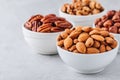 Almonds, pecans, walnuts and hazelnuts in white bowls on grey background. Nuts mix. Healthy food and snack. Royalty Free Stock Photo