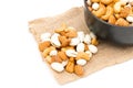 Almonds Pistachio and Cashews on a sack of cloth white background