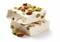 Almonds and pistachios french nougat dessert on white background.Macro.AI Generative Royalty Free Stock Photo