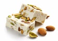 Almonds and pistachios french nougat dessert on white background.Macro.AI Generative Royalty Free Stock Photo