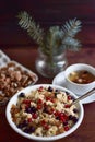 Almonds, porridge oat-flakes, porridge a breakfast, a healthy breakfast, porridge with prunes, porridge with berries, porr