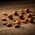 Almonds (Prunus dulcis) and hazelnuts scattered on a rustic wooden surface. The Royalty Free Stock Photo