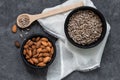 Almonds and sunflower seeds in black bowl Royalty Free Stock Photo