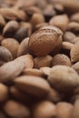 Almonds in their shells. Close up view of heap of almonds as texture and background. Organic and healthy food