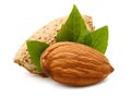 Almonds in their skins and peeled with leaf isolated on white background. Set or collection. Royalty Free Stock Photo