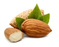 Almonds in their skins and peeled with leaf isolated on white background. Set or collection. Royalty Free Stock Photo