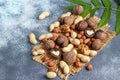 Almonds, walnuts, hazelnuts and peanuts, mix of nuts. Contains beneficial vitamins and minerals. On a gray background