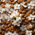 Almonds and flowers on a pale pink background