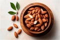 Almonds In Wooden Bowl On White Background - Generative AI