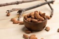 Almonds in wooden bowl on wood table. Almond concept with copyspace Royalty Free Stock Photo