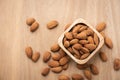 Almonds in wooden bowl on wood table. Almond concept with copyspace.topview Royalty Free Stock Photo