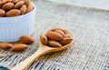 Almonds in wooden spoon on hemp Royalty Free Stock Photo