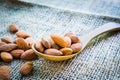 Almonds in wooden spoon place on hemp Royalty Free Stock Photo