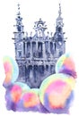 Almudena Cathedral in Madrid, Spain. Hand drawn watercolor sketch. Watercolour art drawing of the main church Royalty Free Stock Photo