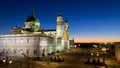 Almudena Cathedral (Santa Maria la Real de La Almudena) and Plaza de la Armeria night view, Madrid, Spain. Royalty Free Stock Photo