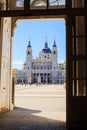 Almudena Cathedral seen from Royal Palace entrance, Madrid, Spain