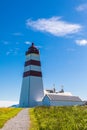 Alnes lighthouse at clear sumer sky at Godoy island near Alesund, Norway