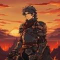 Alocer: A Dark Gray Manga Character In Armor At Sunset