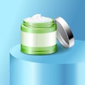 Aloe cream plastic jar, skin care product, cosmetics packaging mockup, vector illustration