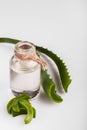 Aloe essential oil on a white acrylic background