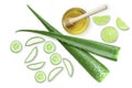 Closeup aloe vera lesf with slice, green fresh cucumber, lime and honey