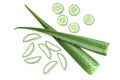 Green fresh aloe vera leaf with water droplets and cucumber isolated on white Royalty Free Stock Photo