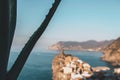 Famous view of the Vernazza old town Italy Cinque terre in the early morning sunrise view, colorful traditional building houses an Royalty Free Stock Photo