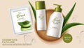 Aloe Vera cosmetics Vector realistic. Face mask and hydration cream products placement mock up bottles. Packaging design