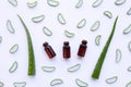 Aloe vera with essential oil bottles on white
