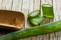 Aloe Vera gel close up. Sliced Aloevera leaf and gel with wooden spoon Royalty Free Stock Photo