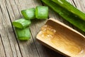 Aloe Vera gel close up. Sliced Aloevera leaf and gel with wooden spoon Royalty Free Stock Photo