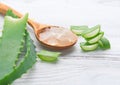 Aloe Vera gel closeup. Sliced Aloevera leaf and gel, natural organic cosmetic ingredients for sensitive skin, alternative medicine Royalty Free Stock Photo