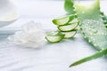 Aloe Vera gel closeup. Sliced Aloevera natural organic renewal cosmetics, alternative medicine. Organic skincare concept Royalty Free Stock Photo