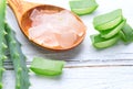 Aloe Vera gel closeup on white wooden background. Organic sliced aloevera leaf and gel, natural organic cosmetic ingredients Royalty Free Stock Photo