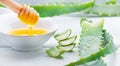 Aloe Vera with honey closeup on white wooden background. Sliced Aloevera natural organic renewal cosmetics, alternative medicine