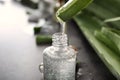 Aloe vera juice dripping from green leaf into bottle on grey table, closeup Royalty Free Stock Photo