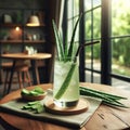 Aloe vera juice served in a clear glass on a wooden table 7 Royalty Free Stock Photo