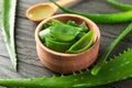 Aloe vera leaves and slices on wooden table, closeup Royalty Free Stock Photo