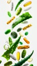 Aloe vera leaves and various capsules on white background