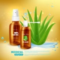 Aloe vera medical background with packaging for medical spray tube and nebulizer with realistic aloe plant vector illustration