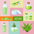 Aloe vera perfumes, cream, soap, grass, leaf banner and icon for web.