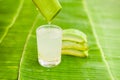 Aloe vera pieces on the background of banana leaf. Organic cosmetics concept Royalty Free Stock Photo