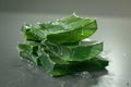 Aloe Vera Slices. Freshly cut pieces of aloe vera plant, known for its soothing and healing properties, isolated on a white